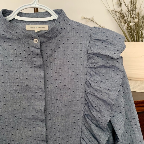 Chambray Patterned Ruffled Prairie Blouse, Size Large - Picture 4 of 12